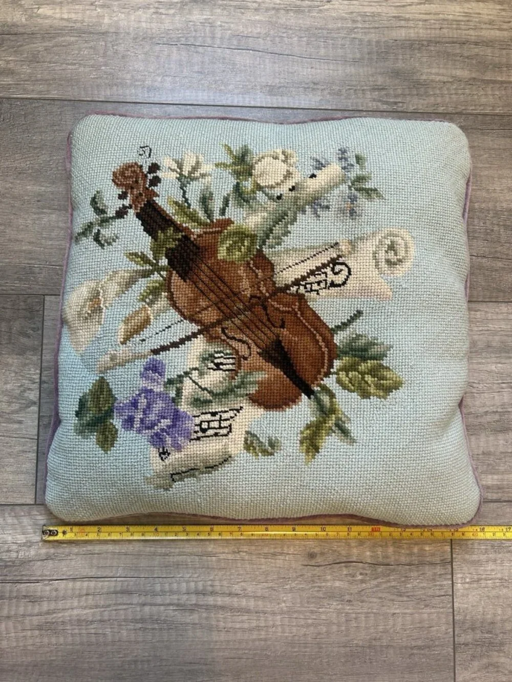 Vintage Needlepoint Pillow Violin Floral 15” X 15” Purple Velvet Cottagecore Fun